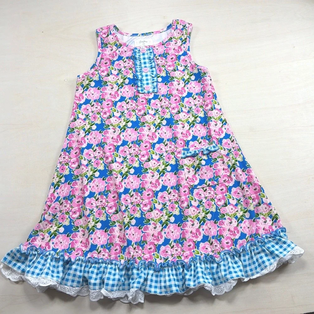 SweetHoney Girls Floral Gingham Ruffle Dress and Bloomers Set Blue Pink Size 12Y